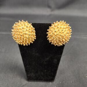 Vintage Castlecliff Gold Spiky Flower Sea Urchin Clip On Earrings